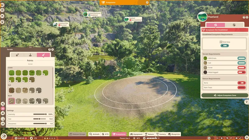 Planet Zoo 2 ecosystem editing screen with the Animals panel entry visible in the bottom toolbar