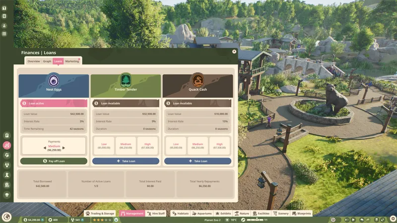 Planet Zoo 2 zoo view with the Management Finances and Loans panel open
