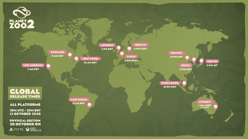 Planet Zoo 2 global release-time map showing the October 13, 2026 launch at 2 PM UTC and local times in major cities
