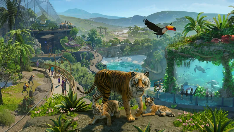 Planet Zoo 2 in-game zoo scene with a tiger habitat and surrounding visitor paths