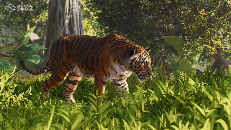 An elevated view of a Planet Zoo 2 zoo with landscaped habitats, paths, and guests