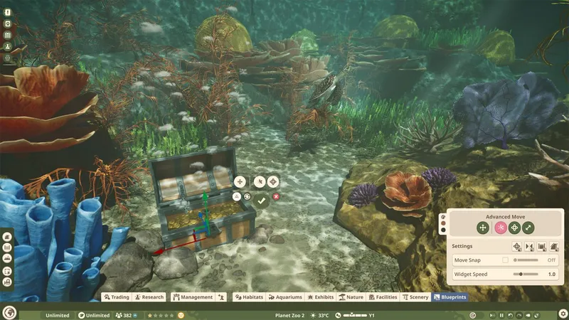 Planet Zoo 2 aquarium construction view with an aquatic habitat and building controls