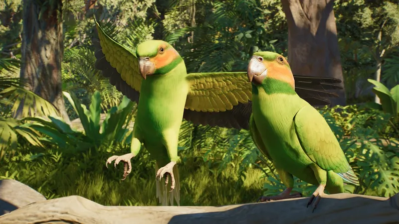 Two Planet Zoo 2 parrots in a zoo habitat